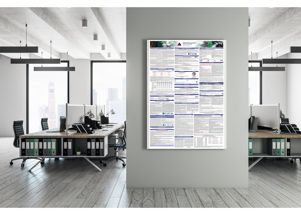 2026 labor law poster displayed on office wall showing OSHA compliance notices and workplace safety regulations