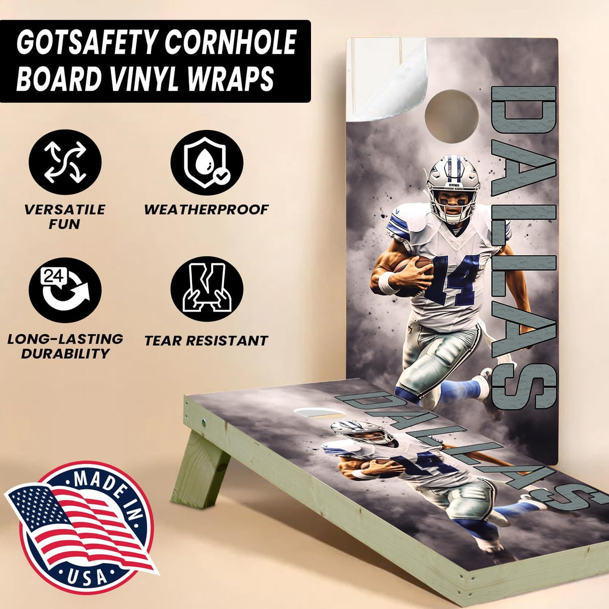 Dallas Football Team Cornhole Decal, Cornhole Board Vinyl Wraps Only - Easy to Apply Adhesive Stickers - UV Protected & Printing, Set of Two - Cornhole Skins for Boards (48” x 24”)
