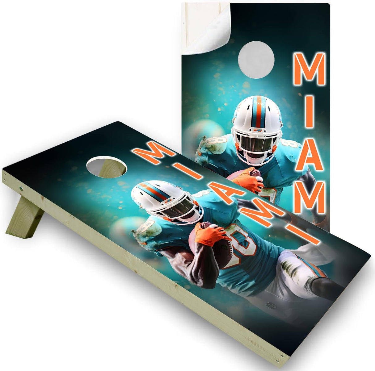 Miami Football Team Cornhole Decal, Cornhole Board Vinyl Wraps Only - Easy to Apply Adhesive Stickers - UV Protected & Printing, Set of Two - Cornhole Skins for Boards (48” x 24”)