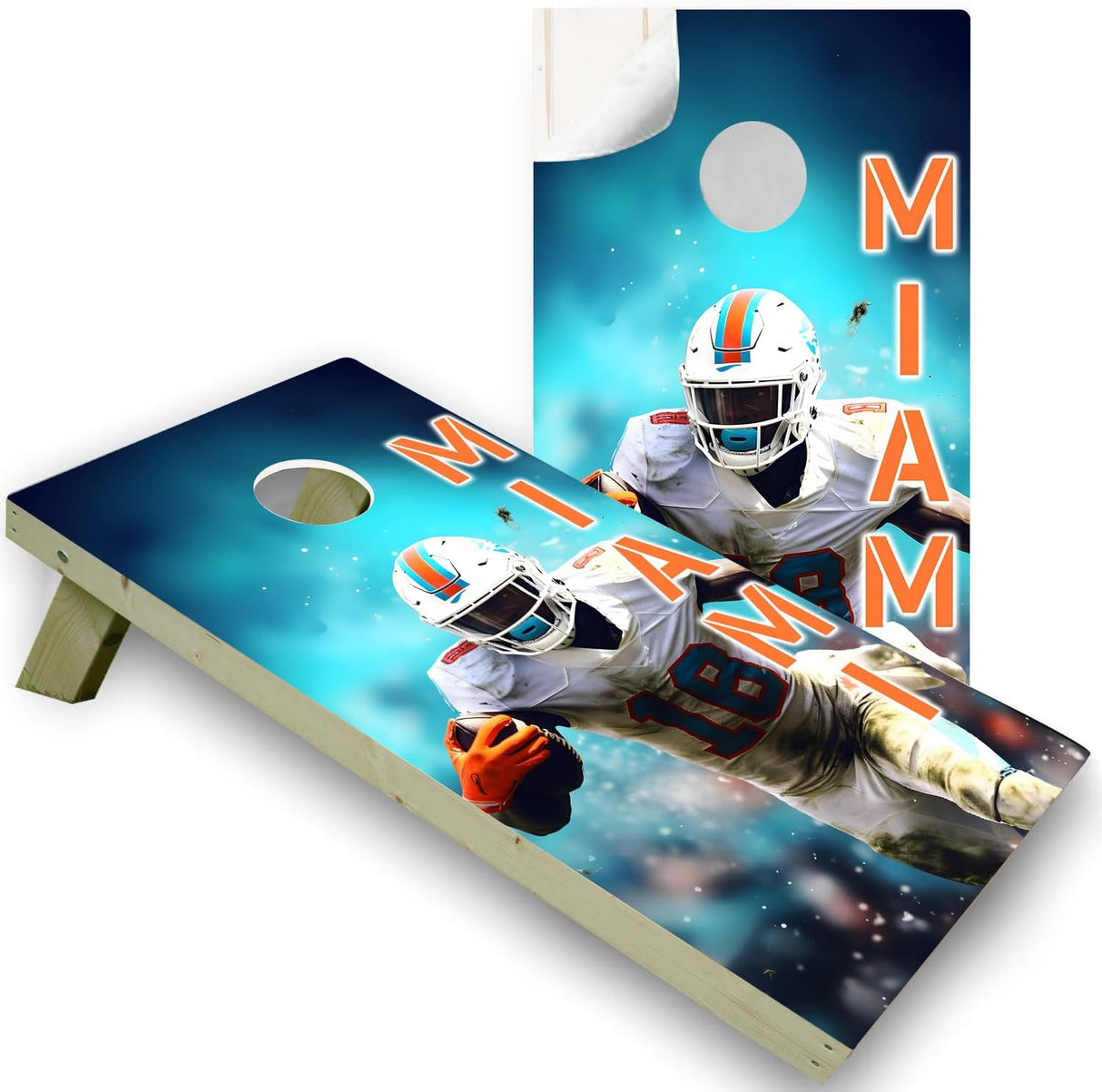 Miami Football Team Cornhole Decal, Cornhole Board Vinyl Wraps Only - Easy to Apply Adhesive Stickers - UV Protected & Printing, Set of Two - Cornhole Skins for Boards (48” x 24”)