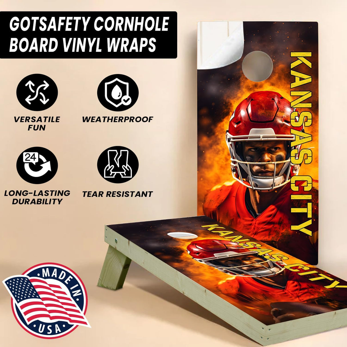 Kansas City Football Team Cornhole Decal, Cornhole Board Vinyl Wraps Only - Easy to Apply Adhesive Stickers - UV Protected & Printing, Set of Two - Cornhole Skins for Boards (48” x 24”) (Copy)