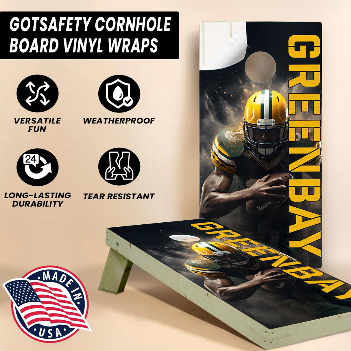 Greenbay Football Team Cornhole Decal, Cornhole Board Vinyl Wraps Only - Easy to Apply Adhesive Stickers - UV Protected & Printing, Set of Two - Cornhole Skins for Boards (48” x 24”)
