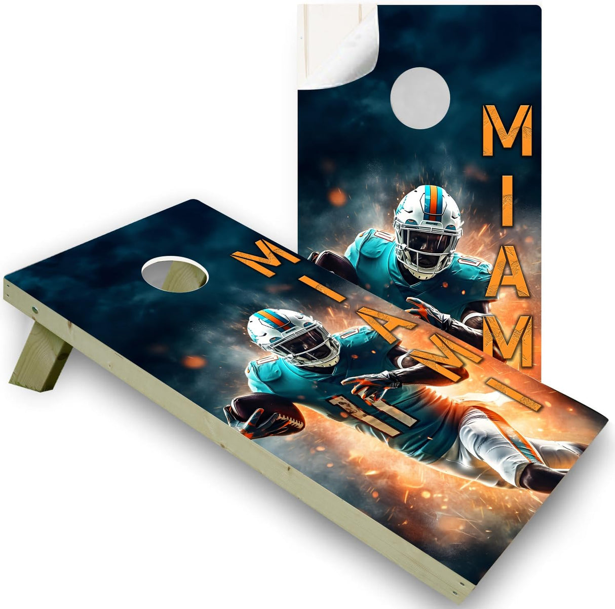 Miami Football Team Cornhole Decal, Cornhole Board Vinyl Wraps Only - Easy to Apply Adhesive Stickers - UV Protected & Printing, Set of Two - Cornhole Skins for Boards (48” x 24”)