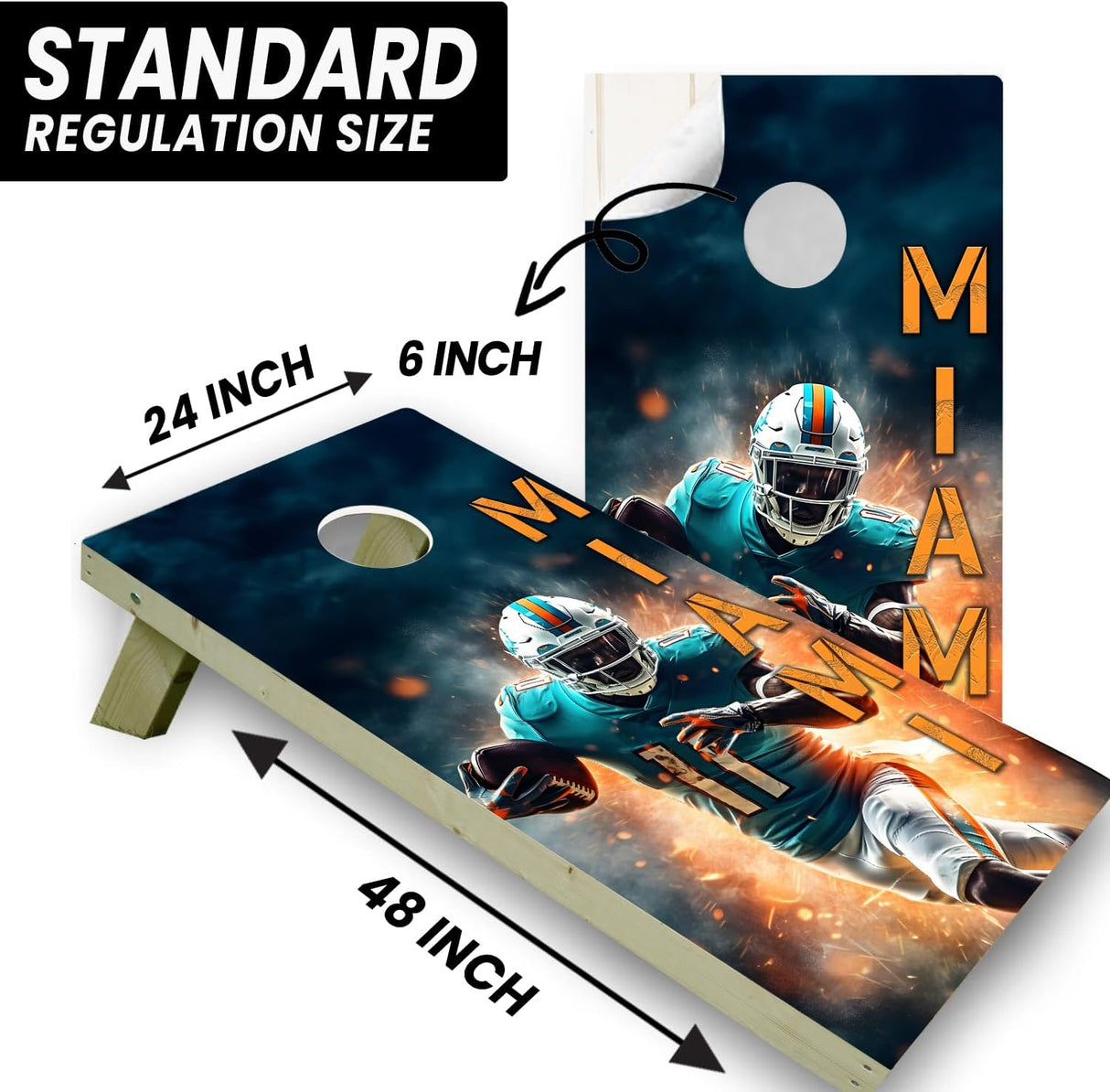 Miami Football Team Cornhole Decal, Cornhole Board Vinyl Wraps Only - Easy to Apply Adhesive Stickers - UV Protected & Printing, Set of Two - Cornhole Skins for Boards (48” x 24”)