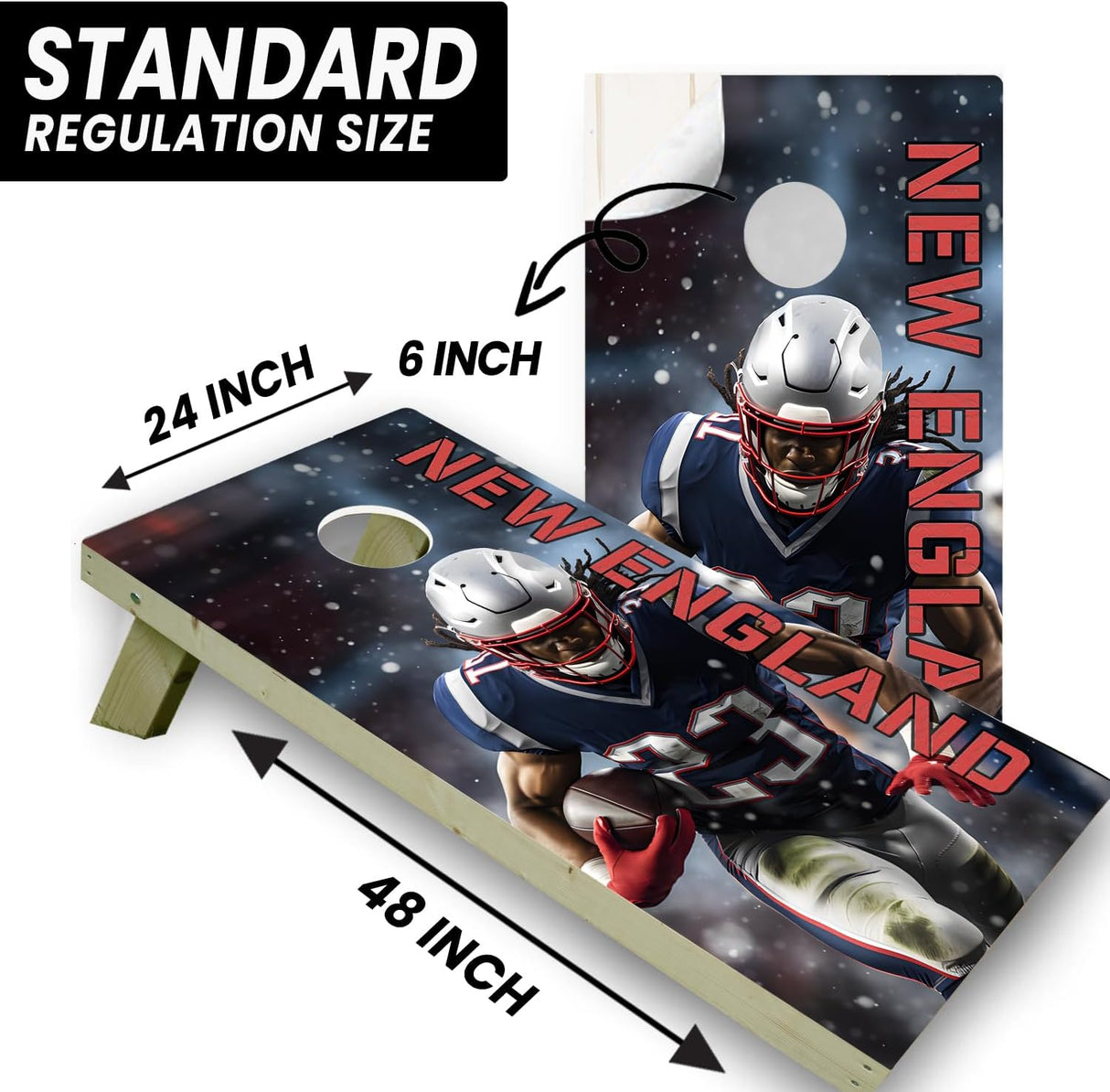 New England Football Team Cornhole Decal, Cornhole Board Vinyl Wraps Only - Easy to Apply Adhesive Stickers - UV Protected & Printing, Set of Two - Cornhole Skins for Boards (48” x 24”)