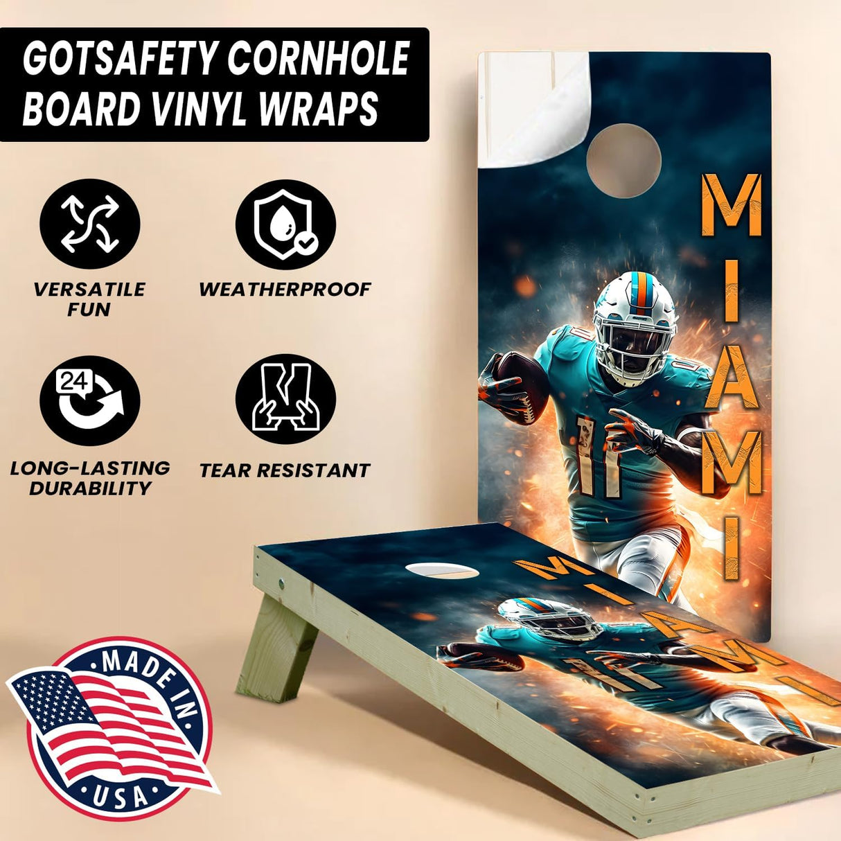 Miami Football Team Cornhole Decal, Cornhole Board Vinyl Wraps Only - Easy to Apply Adhesive Stickers - UV Protected & Printing, Set of Two - Cornhole Skins for Boards (48” x 24”)