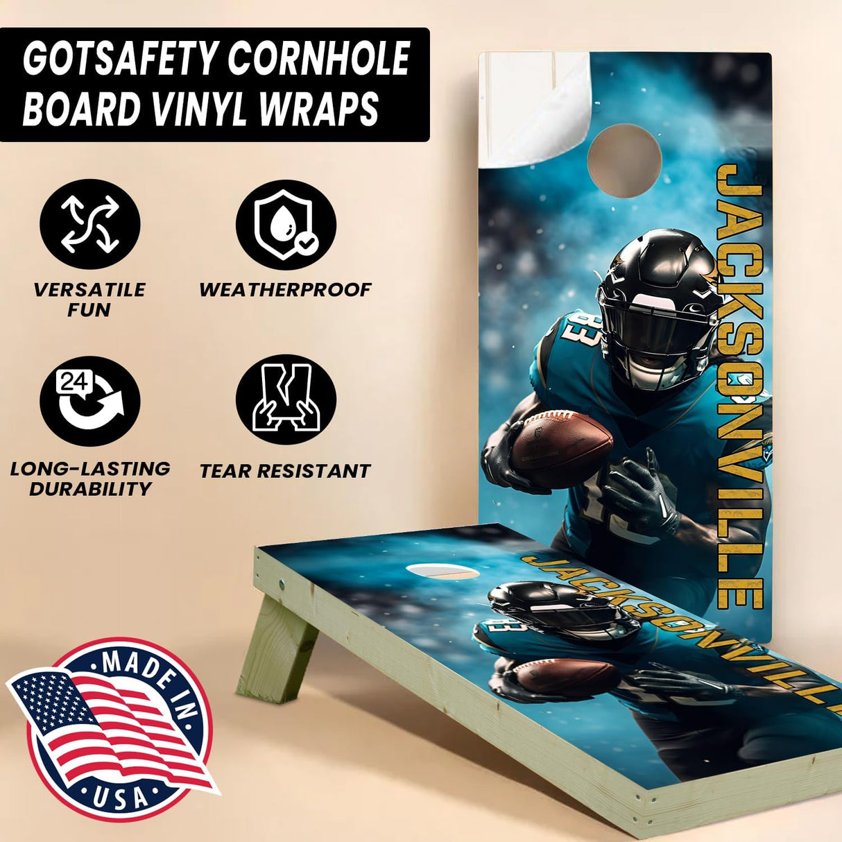 Jacksonville Football Team Cornhole Decal, Cornhole Board Vinyl Wraps Only - Easy to Apply Adhesive Stickers - UV Protected & Printing, Set of Two - Cornhole Skins for Boards (48” x 24”)
