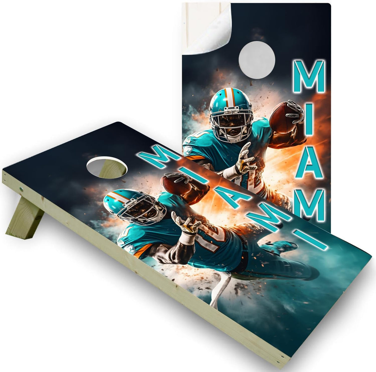 Miami Football Team Cornhole Decal, Cornhole Board Vinyl Wraps Only - Easy to Apply Adhesive Stickers - UV Protected & Printing, Set of Two - Cornhole Skins for Boards (48” x 24”)