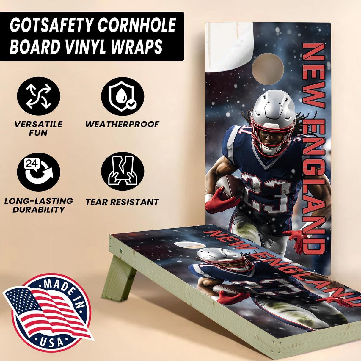 New England Football Team Cornhole Decal, Cornhole Board Vinyl Wraps Only - Easy to Apply Adhesive Stickers - UV Protected & Printing, Set of Two - Cornhole Skins for Boards (48” x 24”)