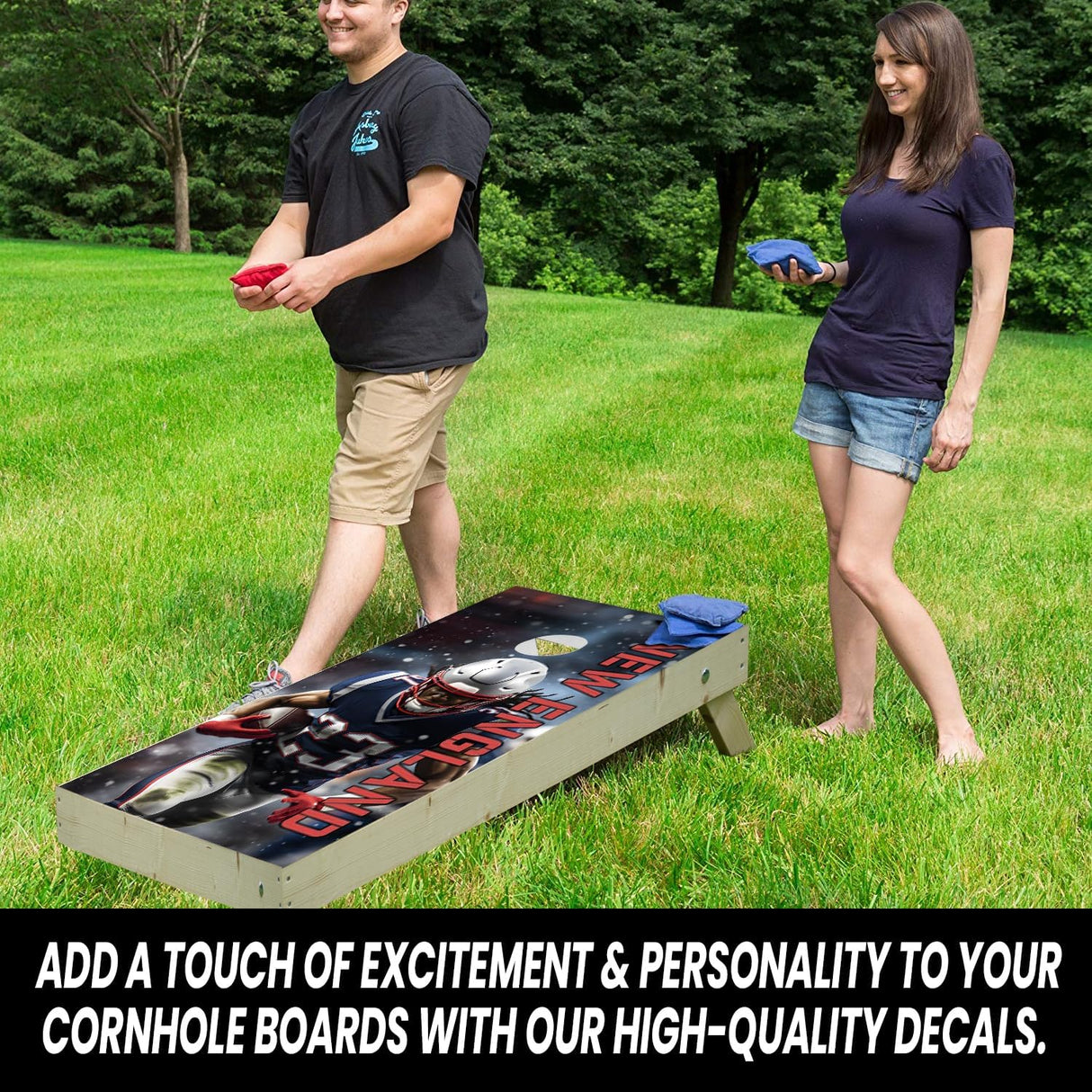 New England Football Team Cornhole Decal, Cornhole Board Vinyl Wraps Only - Easy to Apply Adhesive Stickers - UV Protected & Printing, Set of Two - Cornhole Skins for Boards (48” x 24”)