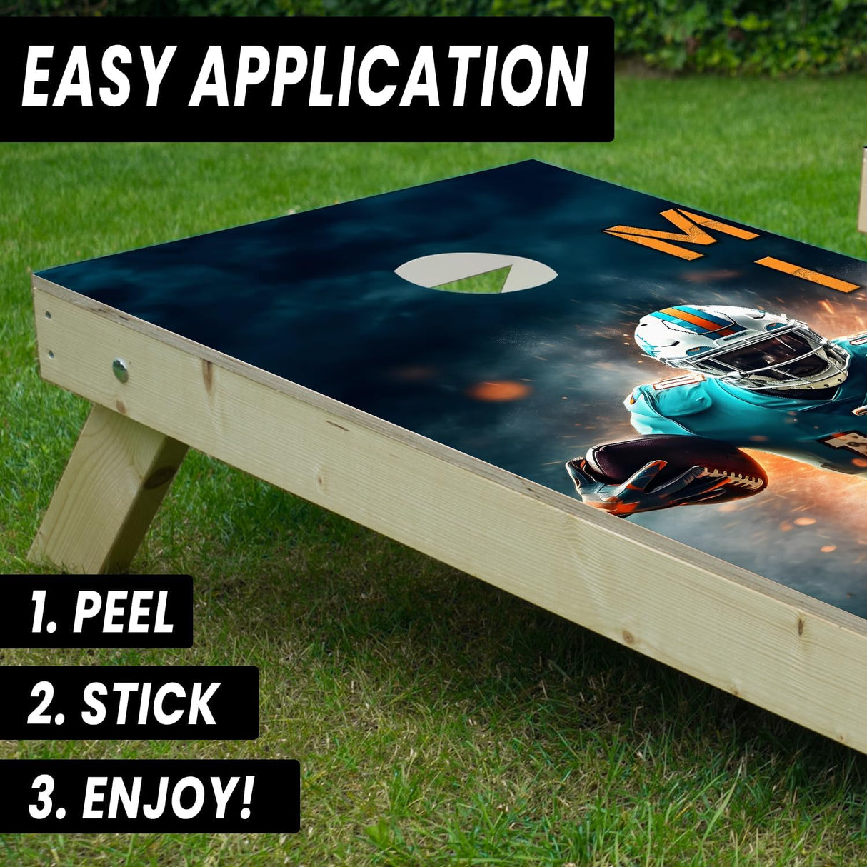 Miami Football Team Cornhole Decal, Cornhole Board Vinyl Wraps Only - Easy to Apply Adhesive Stickers - UV Protected & Printing, Set of Two - Cornhole Skins for Boards (48” x 24”)