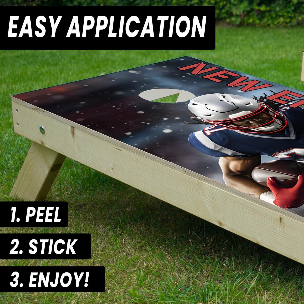 New England Football Team Cornhole Decal, Cornhole Board Vinyl Wraps Only - Easy to Apply Adhesive Stickers - UV Protected & Printing, Set of Two - Cornhole Skins for Boards (48” x 24”)