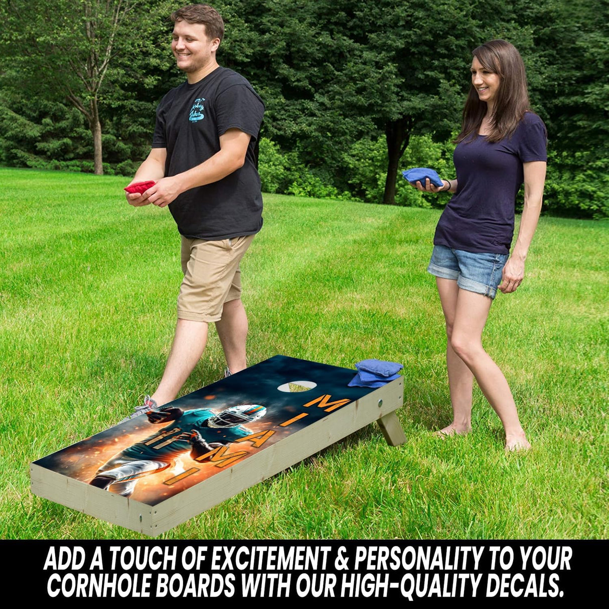 Miami Football Team Cornhole Decal, Cornhole Board Vinyl Wraps Only - Easy to Apply Adhesive Stickers - UV Protected & Printing, Set of Two - Cornhole Skins for Boards (48” x 24”)