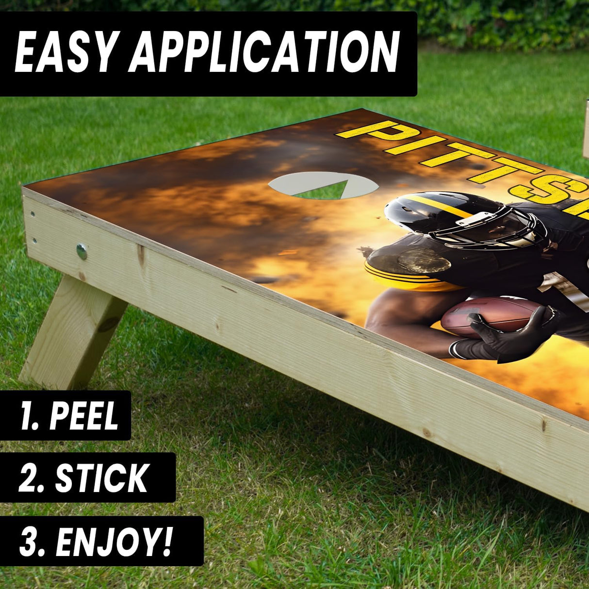 Pittsburgh Football Team Cornhole Decal, Cornhole Board Vinyl Wraps Only - Easy to Apply Adhesive Stickers - UV Protected & Printing, Set of Two - Cornhole Skins for Boards (48” x 24”)