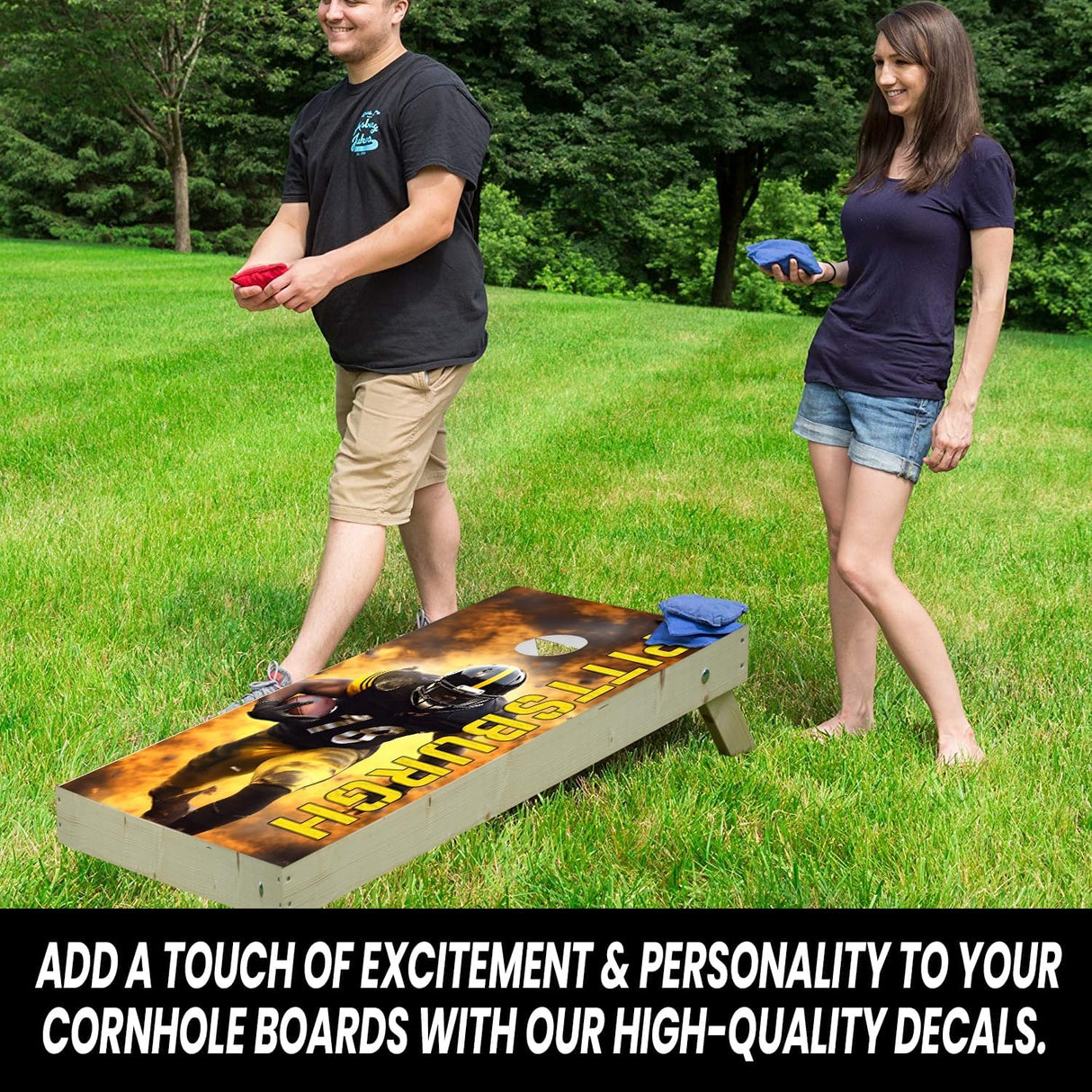 Pittsburgh Football Team Cornhole Decal, Cornhole Board Vinyl Wraps Only - Easy to Apply Adhesive Stickers - UV Protected & Printing, Set of Two - Cornhole Skins for Boards (48” x 24”)