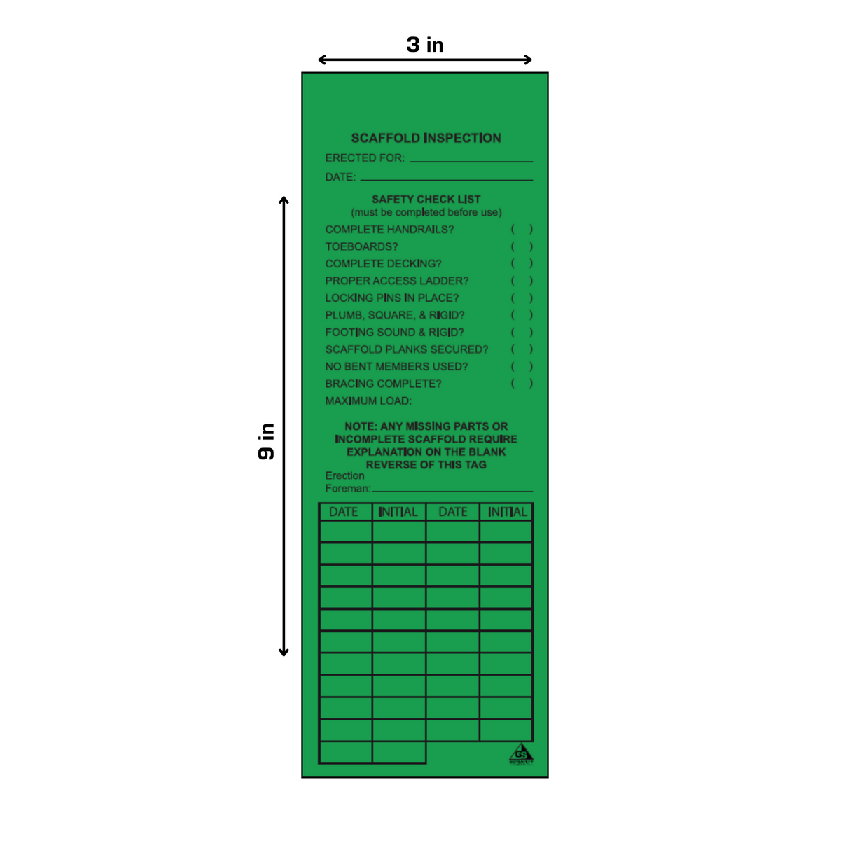 close up of scaffold inspection tag showing safety checklist and inspection record fields