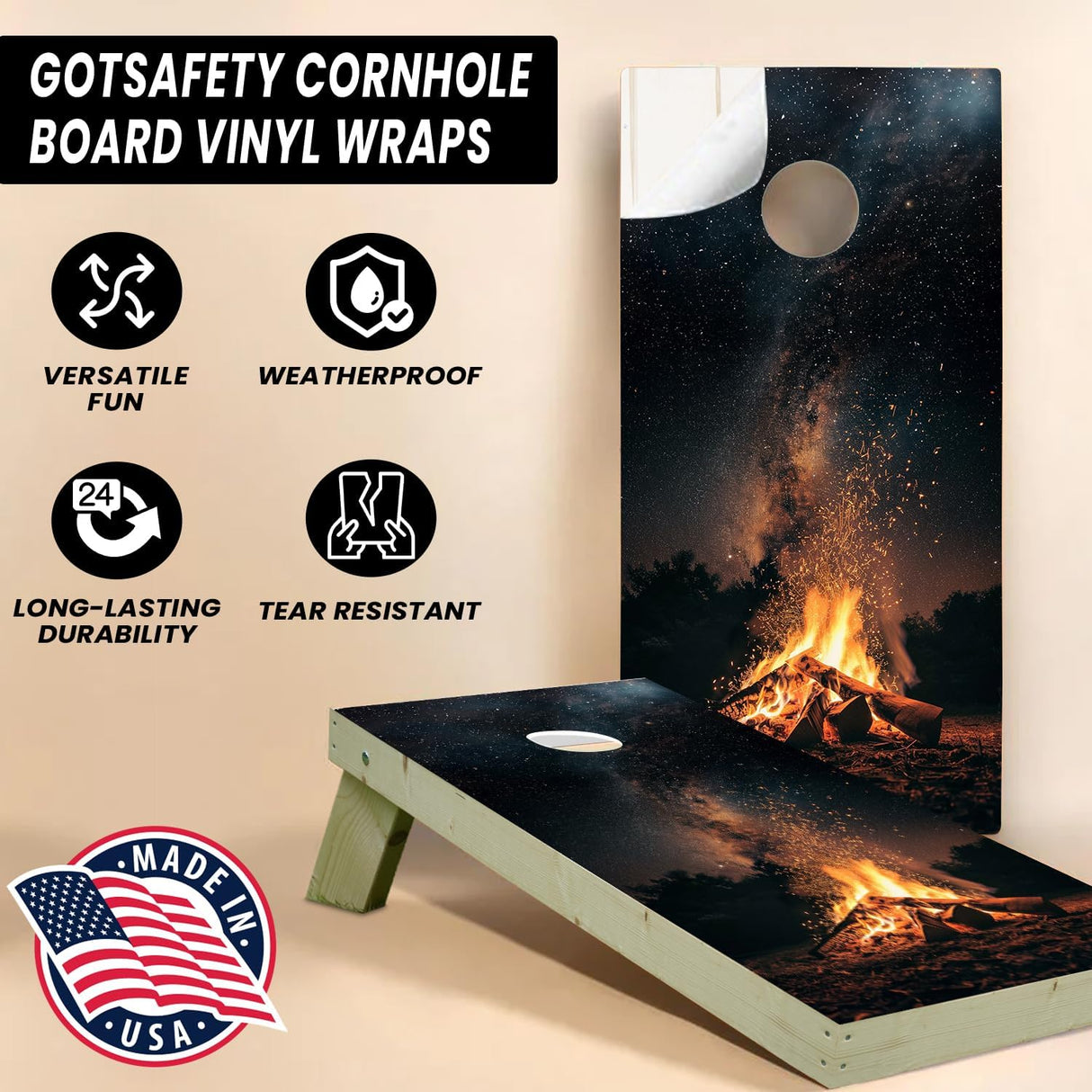 Camp Fire Cornhole Decal, Cornhole Board Vinyl Wraps Only - Durable and Easy to Apply & Adhesive - UV Protected & Printing, Set of Two - Cornhole Skins for Boards (48β x 24β)