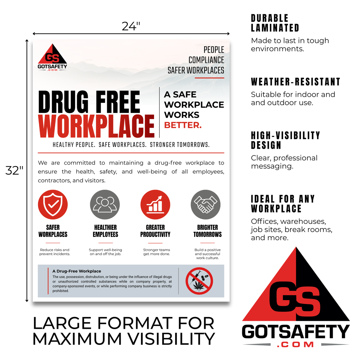 Drug-Free Workplace Poster - 24" x 32" Weather-Resistant | Workplace Safety & Awareness GotSafety.com