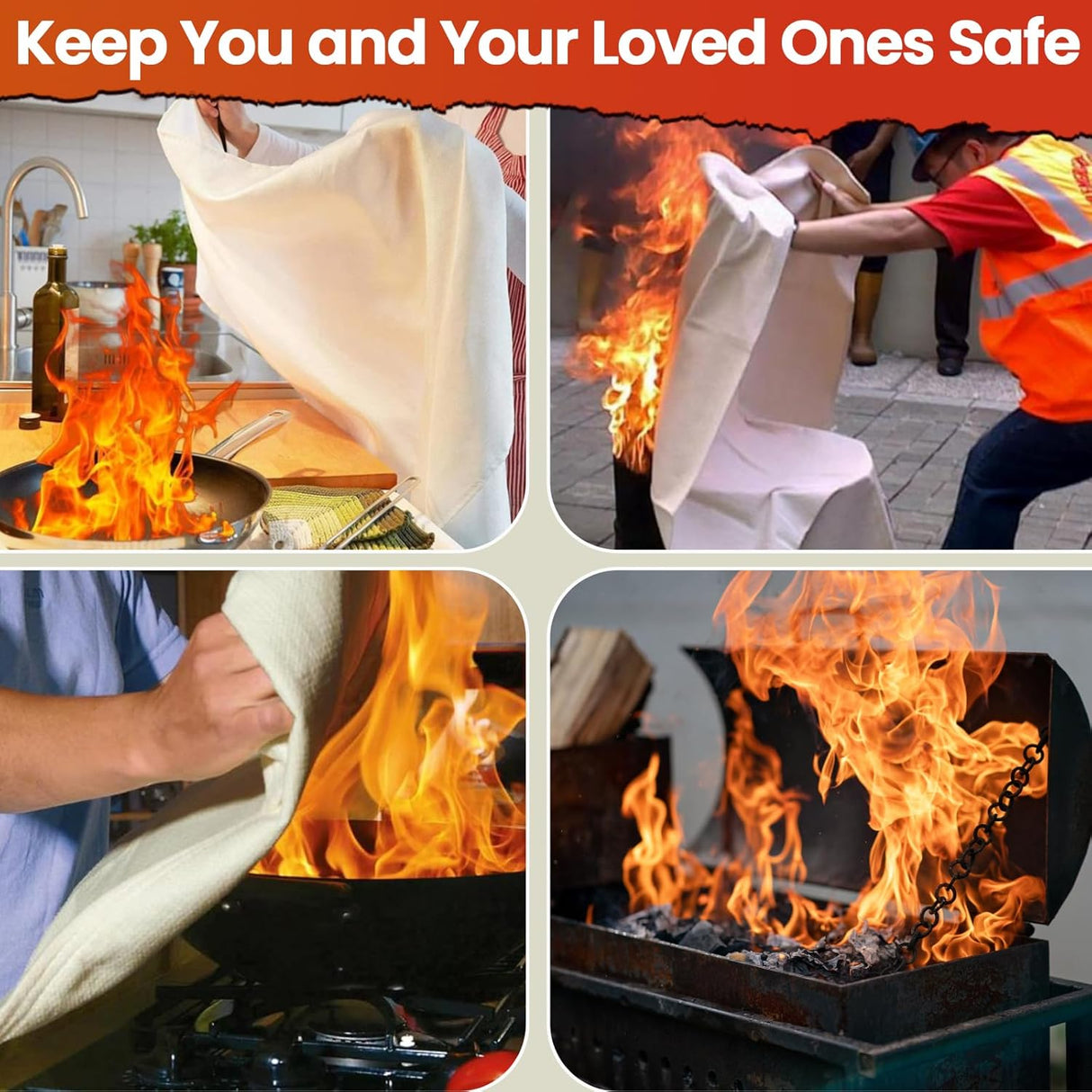 GotSafety Fire Blanket in use across four scenarios — smothering a kitchen grease fire, workplace fire suppression by safety worker, stovetop fire, and grill fire