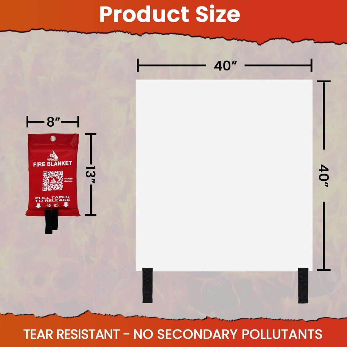 GotSafety Fire Blanket size chart — blanket unfolds to 40x40 inches, compact red pouch measures 8x13 inches; tear resistant with no secondary pollutants