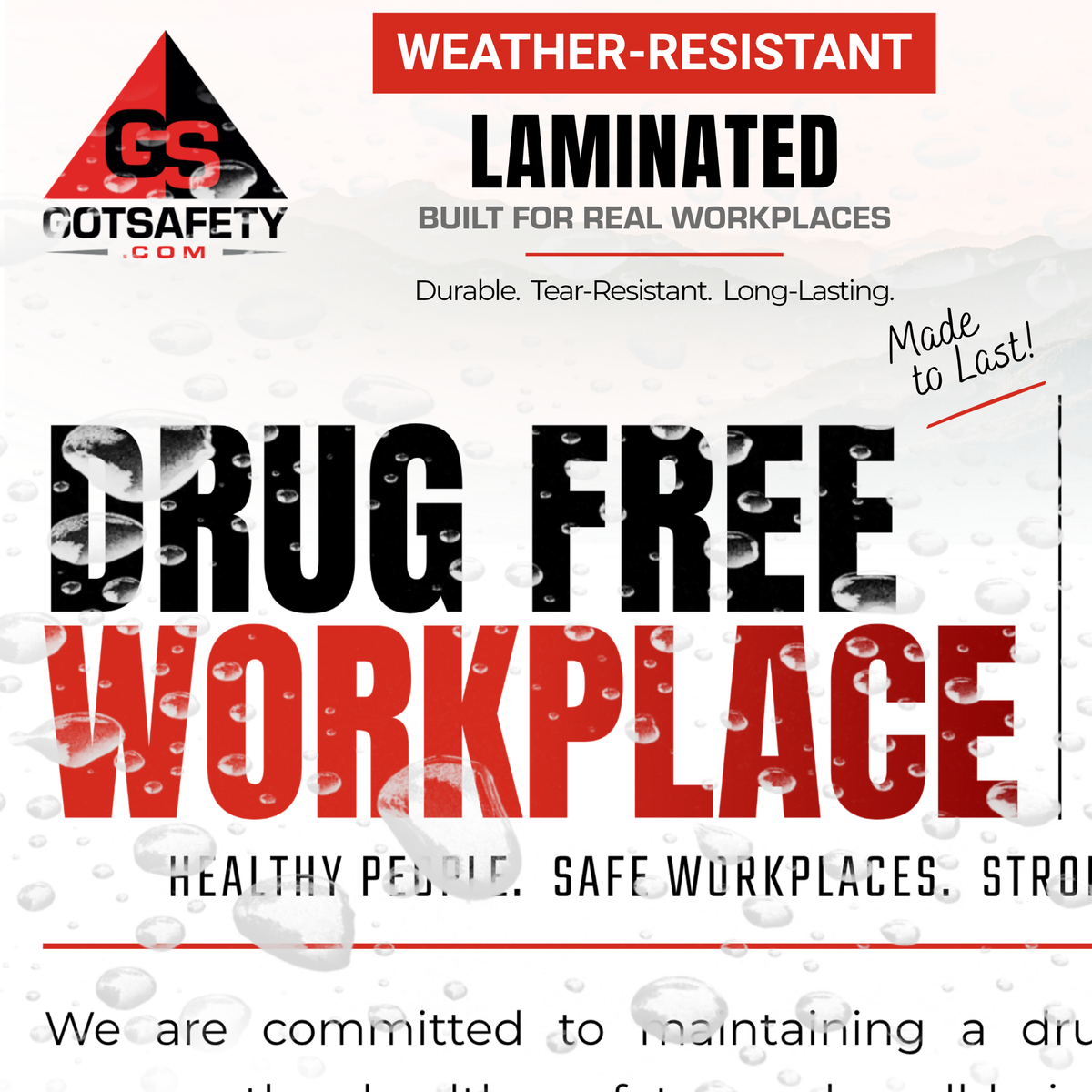 Drug-Free Workplace Poster - 24" x 32" Weather-Resistant | Workplace Safety & Awareness GotSafety.com
