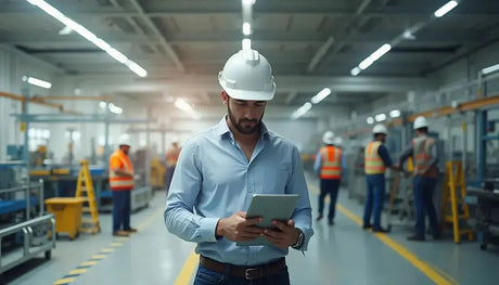 Safety professional conducting a workplace hazard identification and risk assessment in an industrial facility