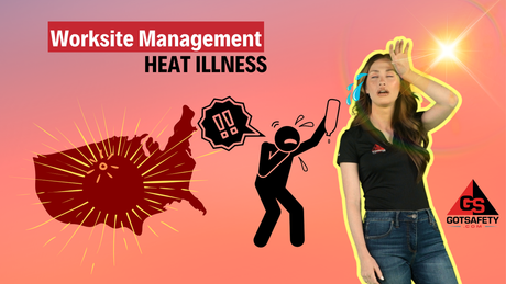 OSHA heat illness prevention training graphic showing outdoor worker heat stress, extreme summer temperatures, and workplace safety compliance awareness for construction and industrial job sites