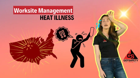 OSHA heat illness prevention training graphic showing outdoor worker heat stress, extreme summer temperatures, and workplace safety compliance awareness for construction and industrial job sites