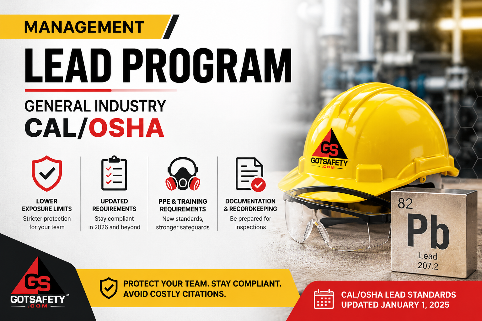 Cal/OSHA lead standards compliance guide showing lead exposure requirements, PPE standards, documentation requirements, and workplace safety compliance for California employers.