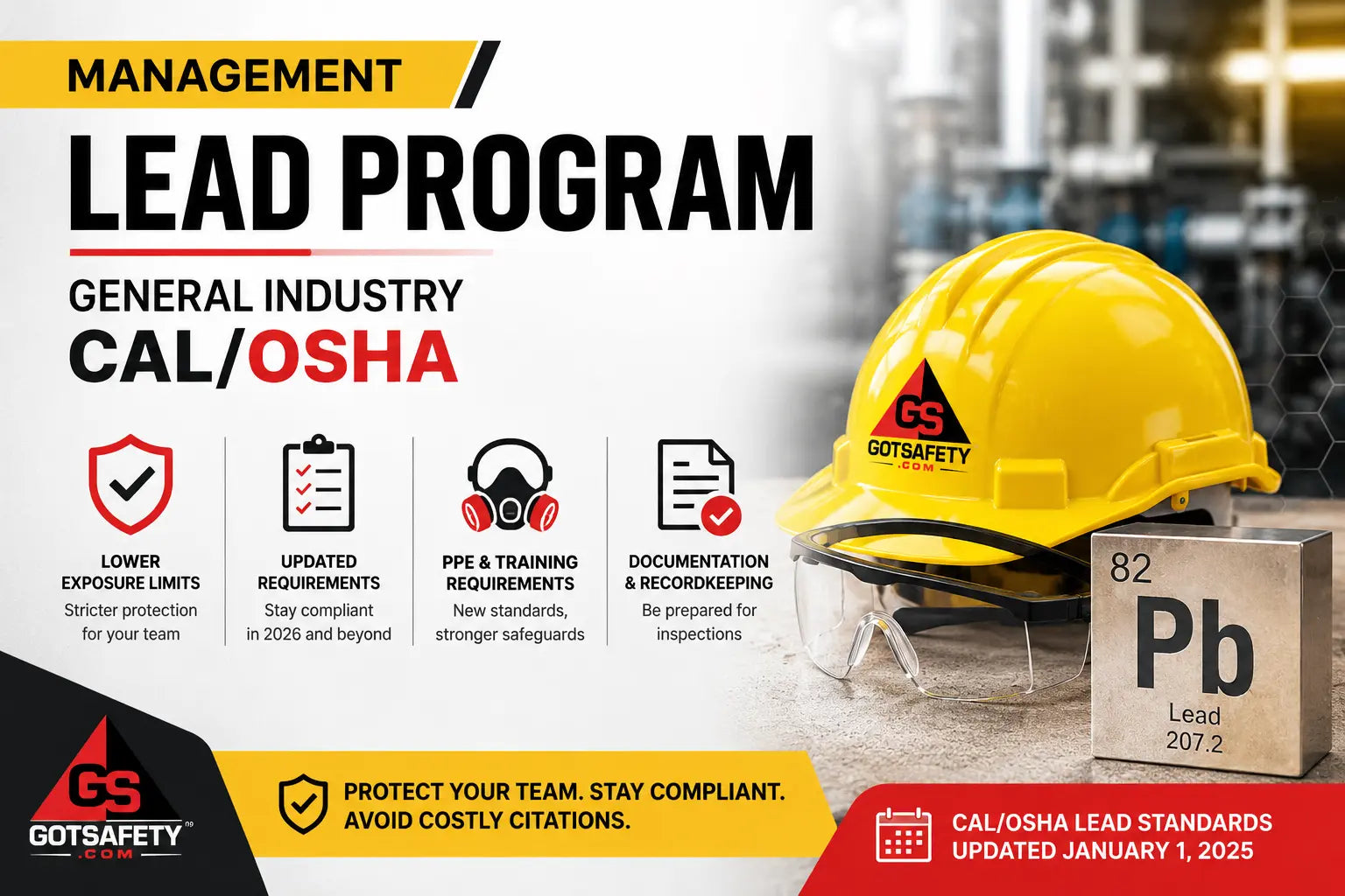 Cal/OSHA lead standards compliance guide showing lead exposure requirements, PPE standards, documentation requirements, and workplace safety compliance for California employers.