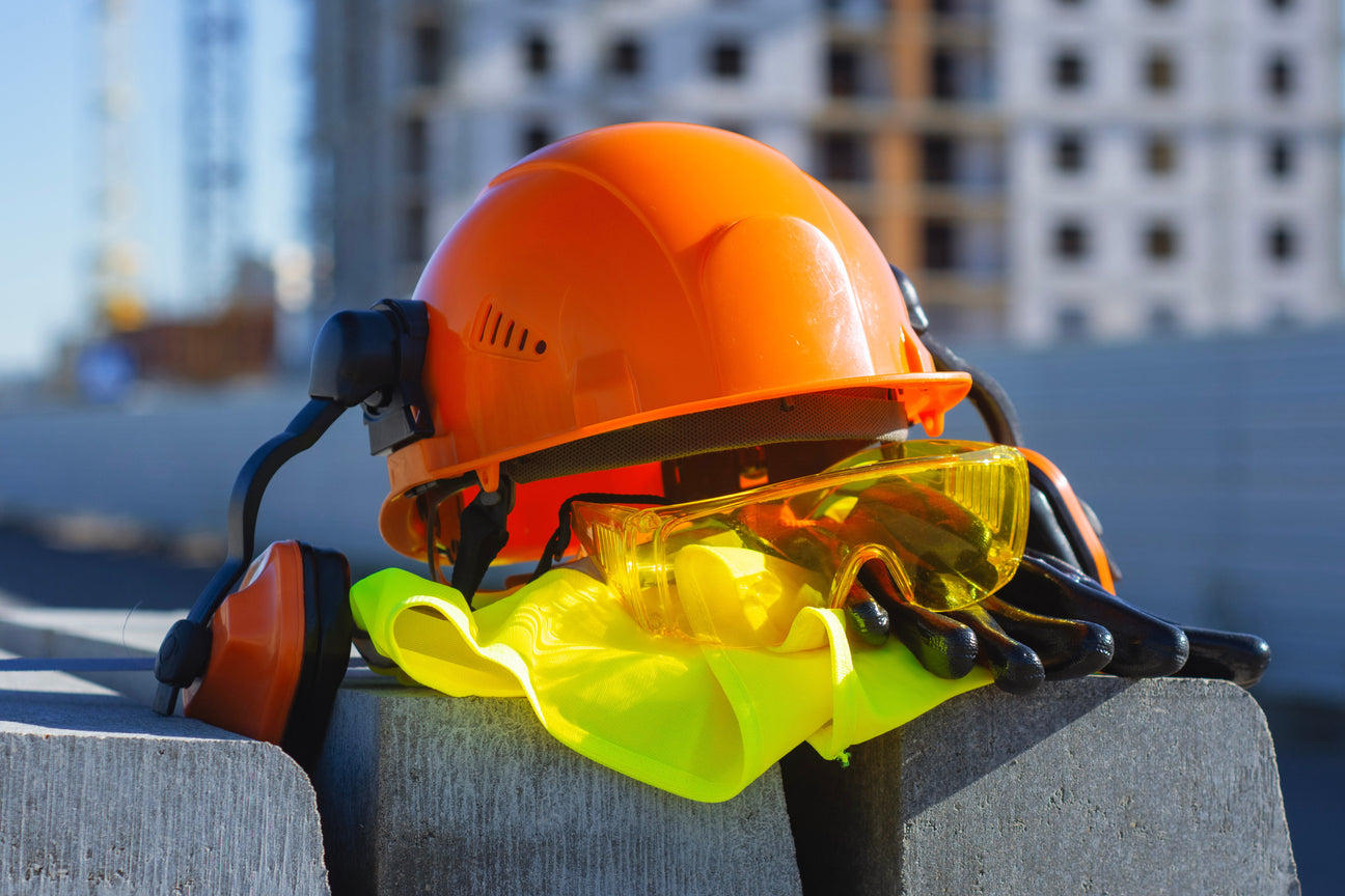 Personal protective equipment including hard hats, safety glasses, and high visibility vests for workplace safety