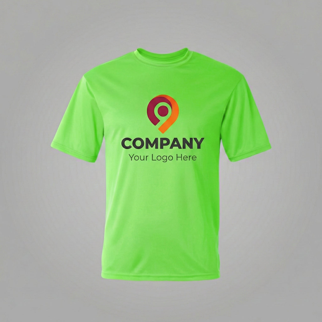Bright green custom company logo t-shirt for workplace branding and team uniforms