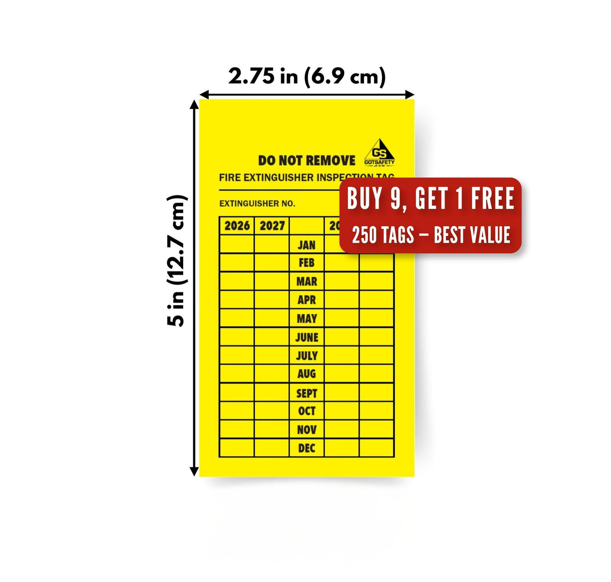 4 year fire extinguisher inspection tags 250 pack bulk deal buy 9 get 1 free best value OSHA compliance tags yellow inspection tag with dimensions shown