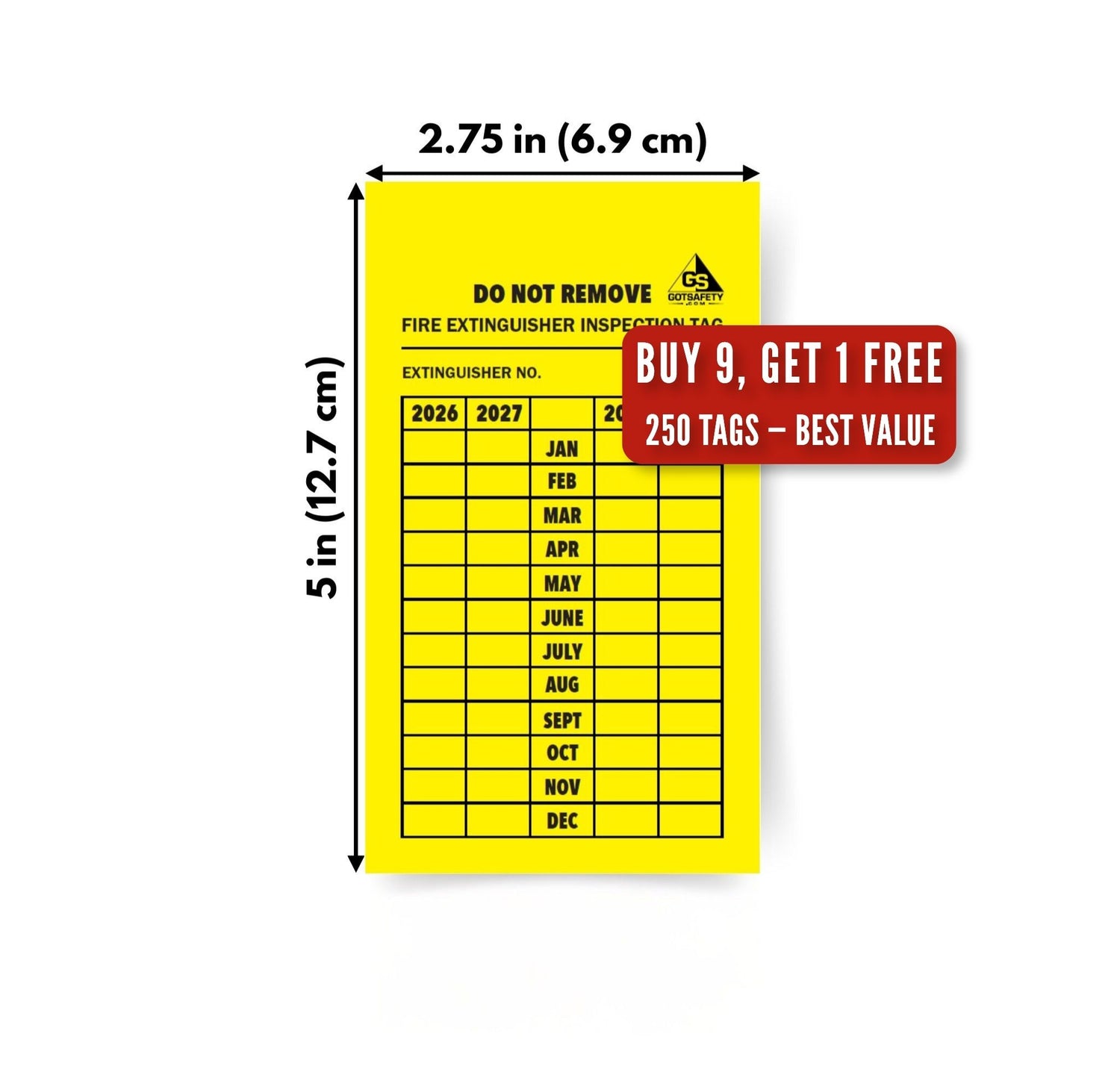 4 year fire extinguisher inspection tags 250 pack bulk deal buy 9 get 1 free best value OSHA compliance tags yellow inspection tag with dimensions shown