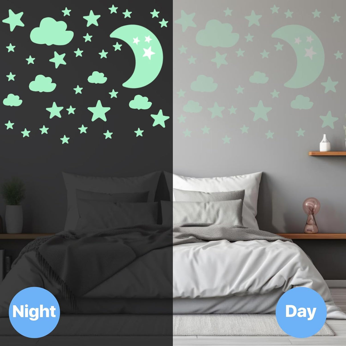 Glow in The Dark Stars & Moons Wall Decal Set - Quality Peel and Stick Vinyl Glow Stars - Perfect Ceiling Decorations for Kids Room, Playroom, & Classroom – Set of 85 Glowing Stars, Moons, & Clouds