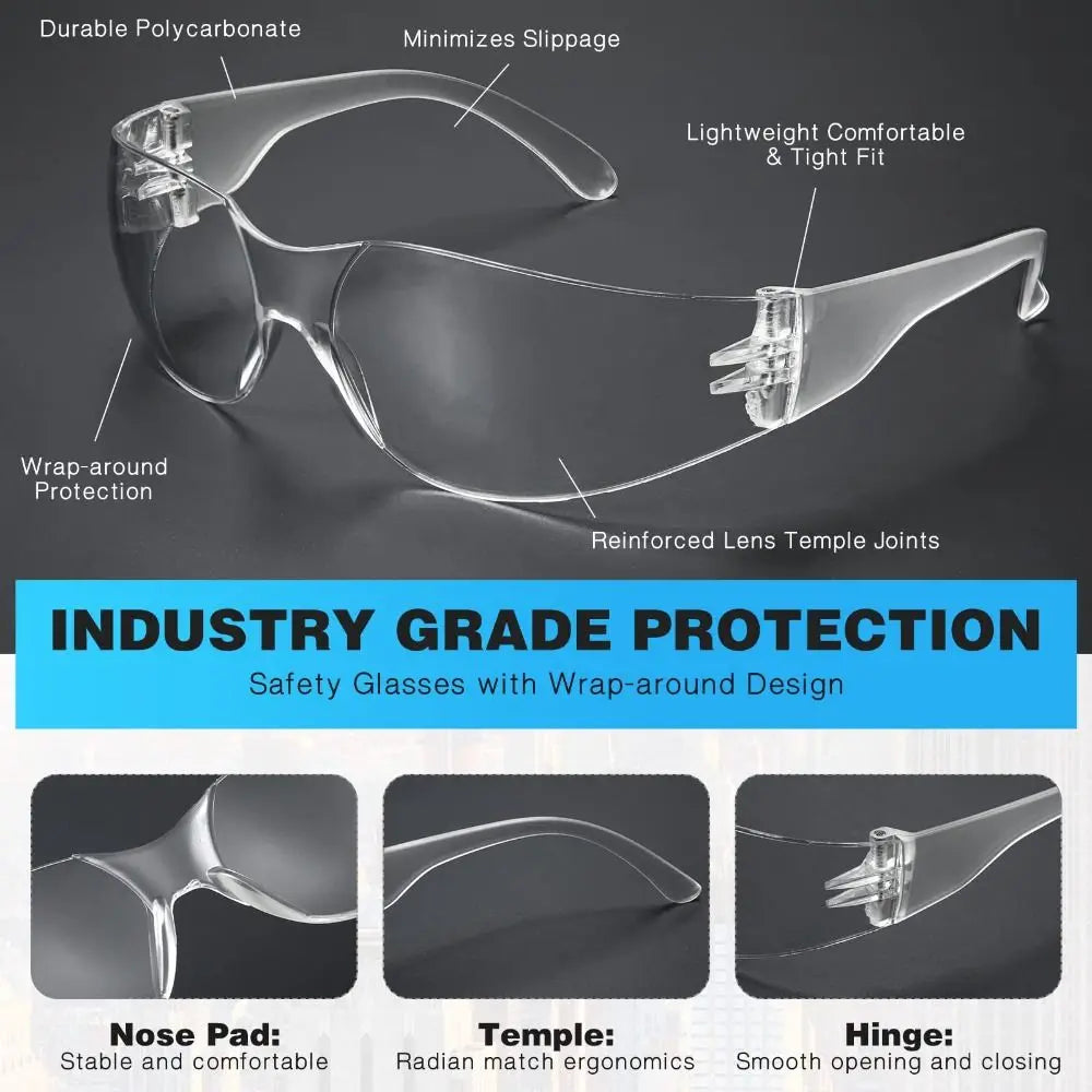 Clear Safety Glasses 10-Pack - Scratch & Impact Resistant Protective Eyewear for Men & Women - Lightweight, Wrap-Around Design for Work, Lab, Sports & DIY