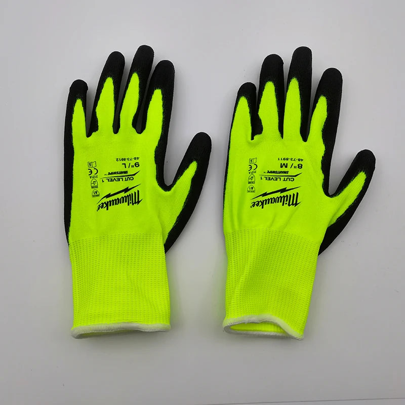 Milwaukee High-Visibility Cut Level 1 Gloves - Polyurethane-Dipped, Touchscreen Compatible, Breathable Safety Work Gloves