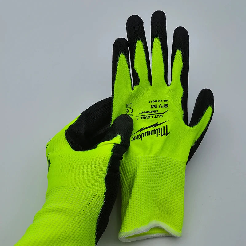 Milwaukee High-Visibility Cut Level 1 Gloves - Polyurethane-Dipped, Touchscreen Compatible, Breathable Safety Work Gloves