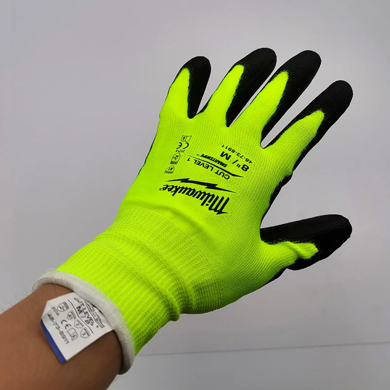 Milwaukee High-Visibility Cut Level 1 Gloves - Polyurethane-Dipped, Touchscreen Compatible, Breathable Safety Work Gloves