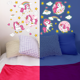 Glow in The Dark Unicorn Wall Decals - Quality Peel and Stick Vinyl Stickers - Ceiling and Wall Decor for Kids Room, Playroom, & Classroom – Set of 96 Glowing Unicorns, Rainbows, Hearts, & Stars