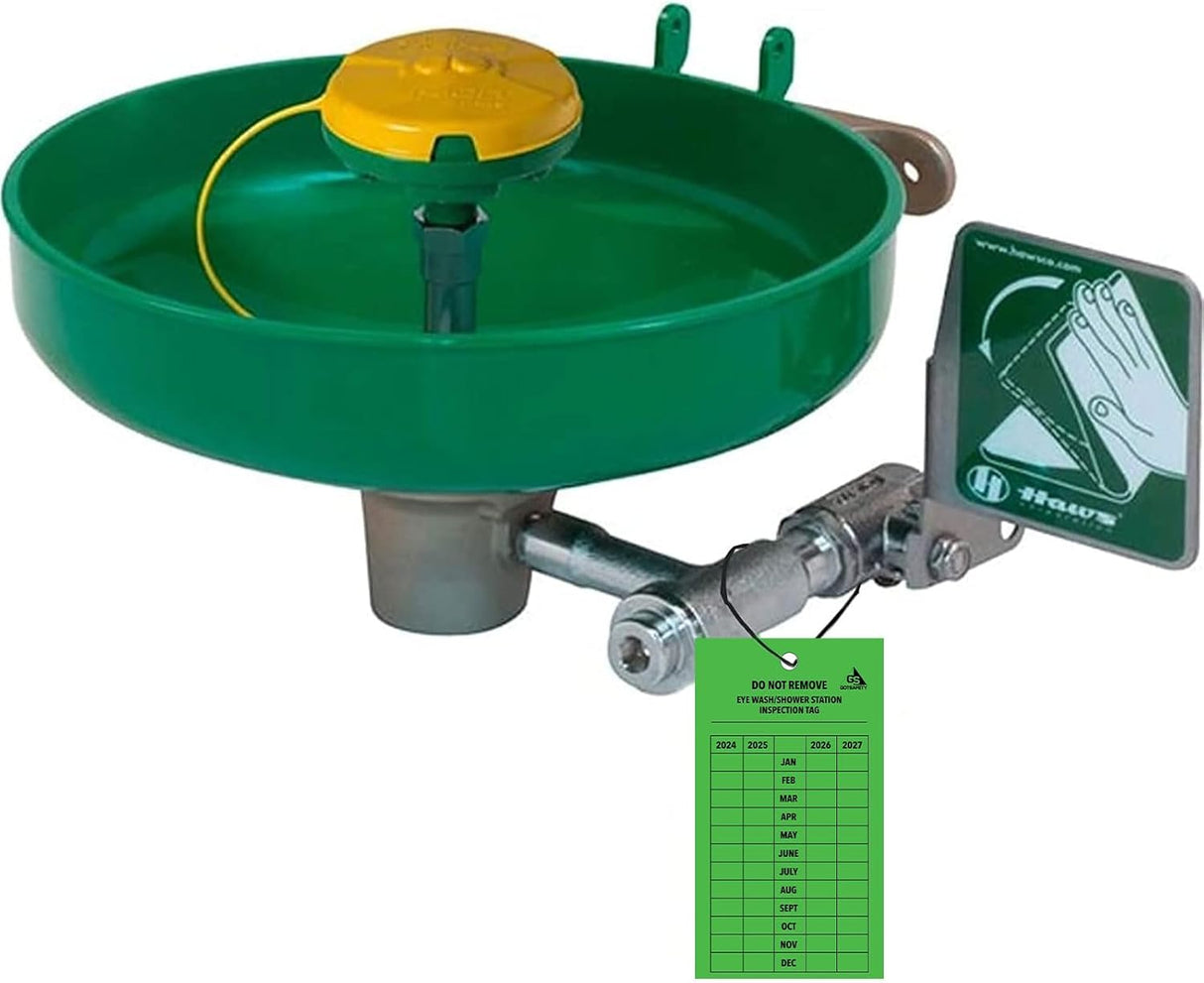 eye wash station inspection tag displayed with emergency eye wash equipment for compliance tracking