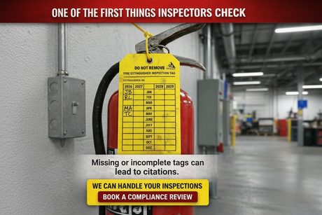 fire extinguisher with yellow inspection tag showing monthly record and overlay text about inspection compliance risk and booking a compliance review service