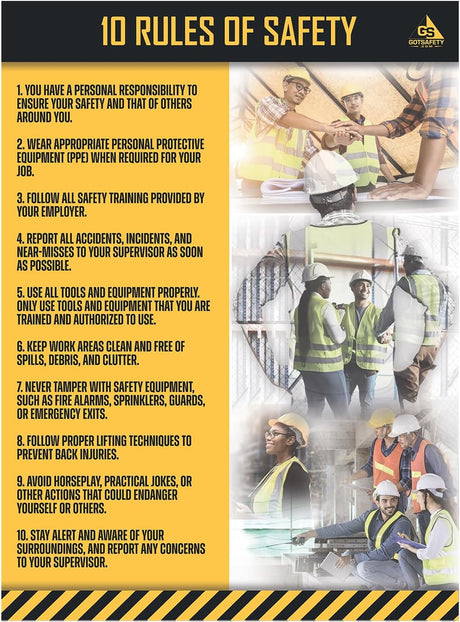 A safety poster featuring 10 rules of safety with illustrations of people in a construction setting, emphasizing personal responsibility and emergency procedures, among other guidelines.