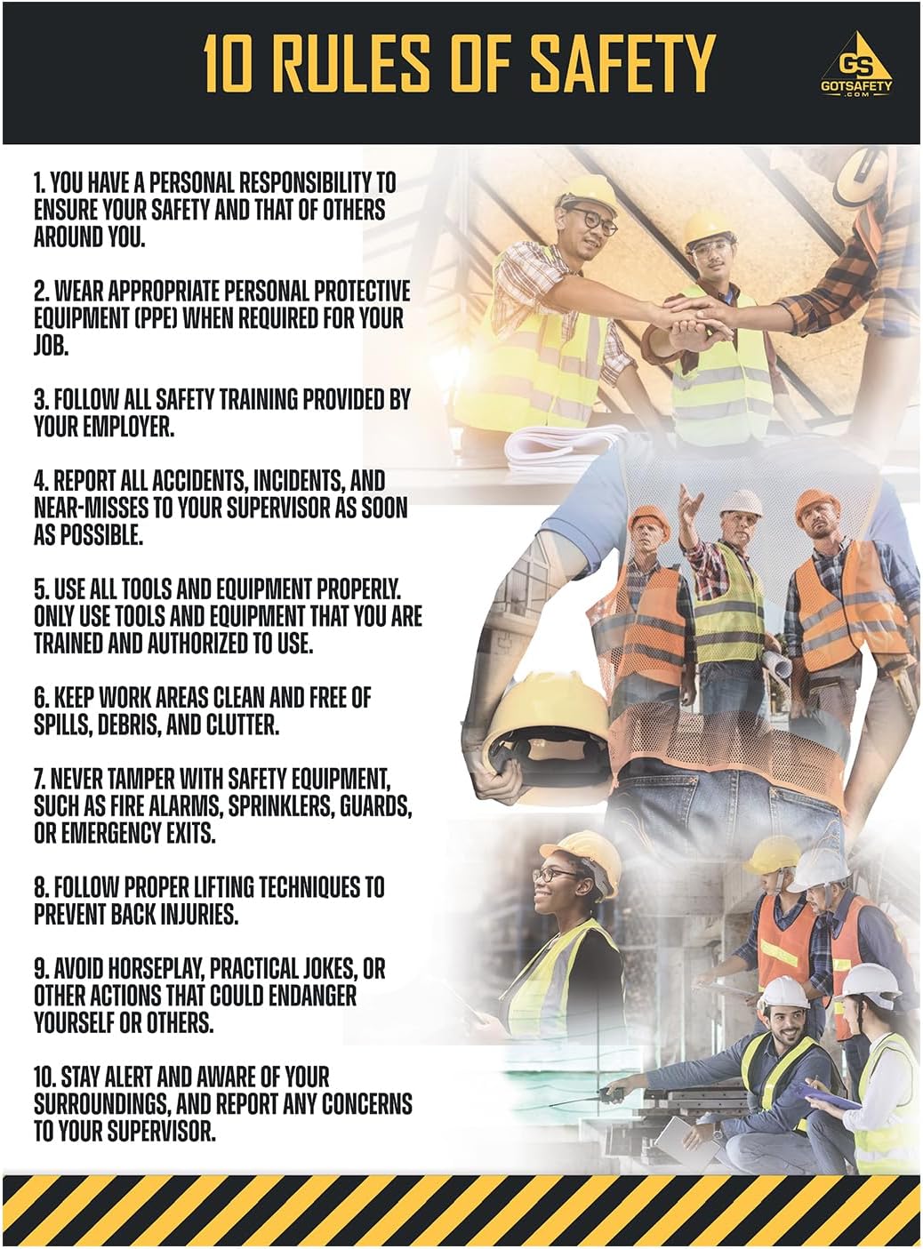 A safety poster featuring 10 rules of safety with illustrations of people in a construction setting, emphasizing personal responsibility and emergency procedures, among other guidelines.