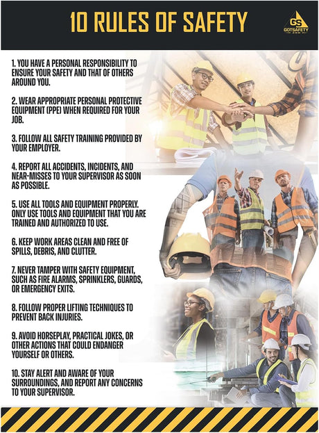 A safety poster featuring 10 rules of safety with illustrations of people in a construction setting, emphasizing personal responsibility and emergency procedures, among other guidelines.