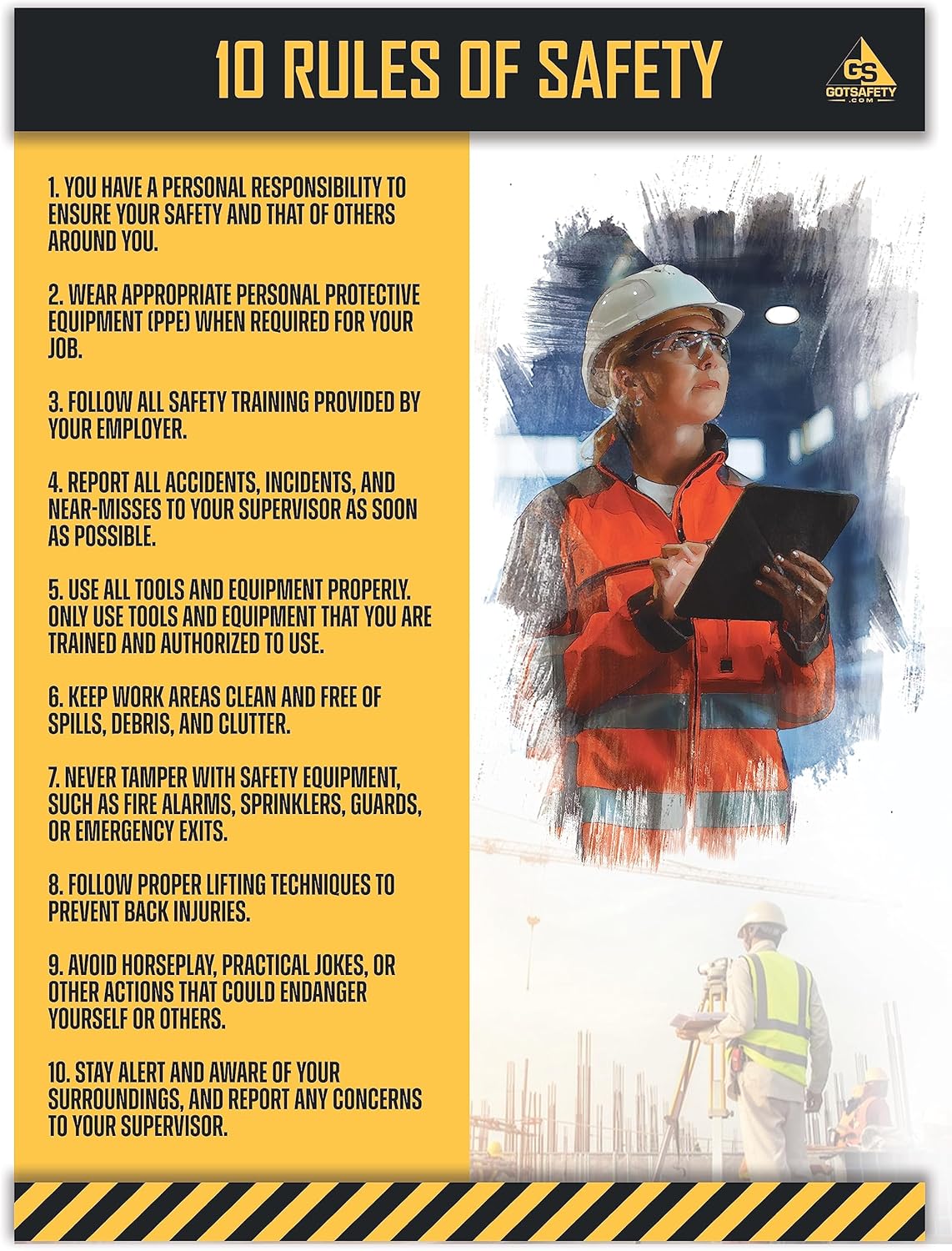A safety poster featuring 10 rules of safety with illustrations of people in a construction setting, emphasizing personal responsibility and emergency procedures, among other guidelines.
