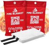 GotSafety Fire Blanket 2-pack — two red pouches with pull-tape release and folded fiberglass blanket shown in front, flames in background