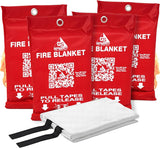 GotSafety Fire Blanket 4-pack — four red pouches with pull-tape release and folded fiberglass blanket shown in front, flames in background