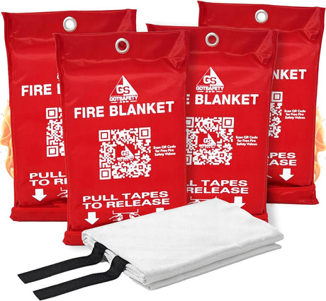 GotSafety Fire Blanket 4-pack — four red pouches with pull-tape release and folded fiberglass blanket shown in front, flames in background